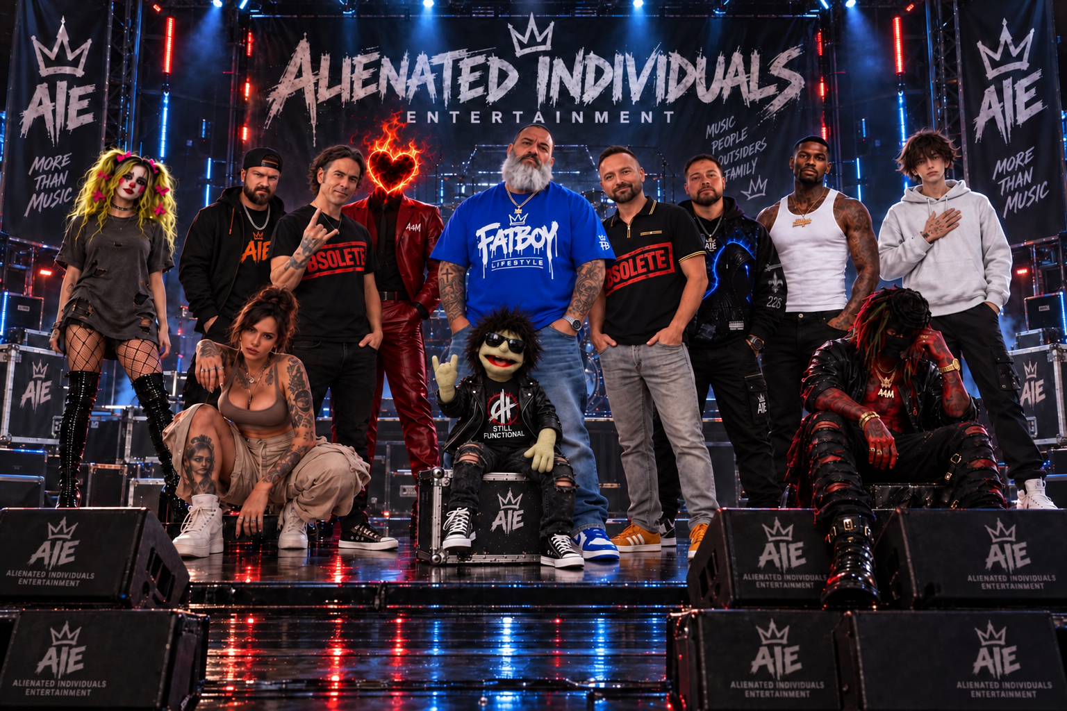 The AIE artists assembled on a concert stage beneath the Alienated Individuals Entertainment banner
