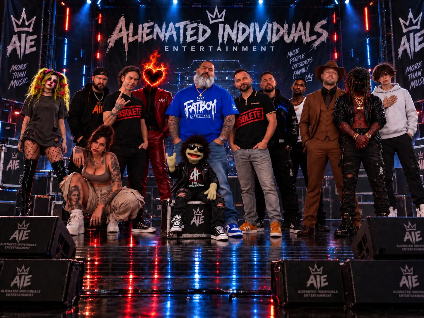 The AIE artists assembled on a concert stage beneath the Alienated Individuals Entertainment banner