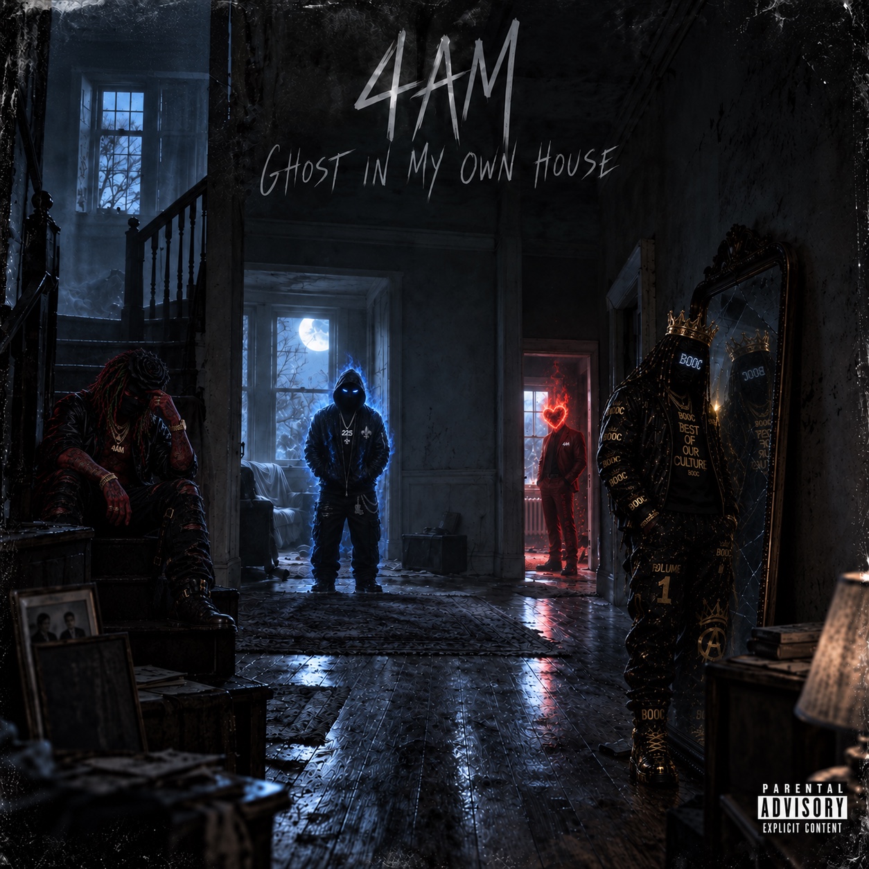 Ghost In My Own House cover art — the four members of 4AM inside a moonlit abandoned house