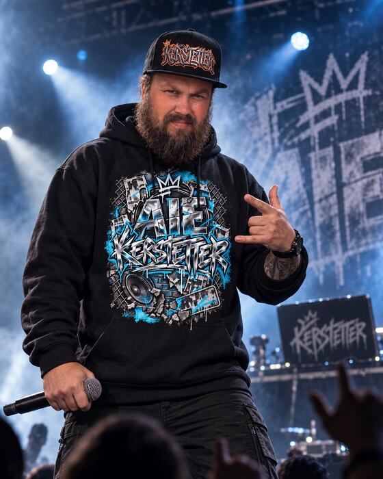 Kerstetter performing on stage with a microphone